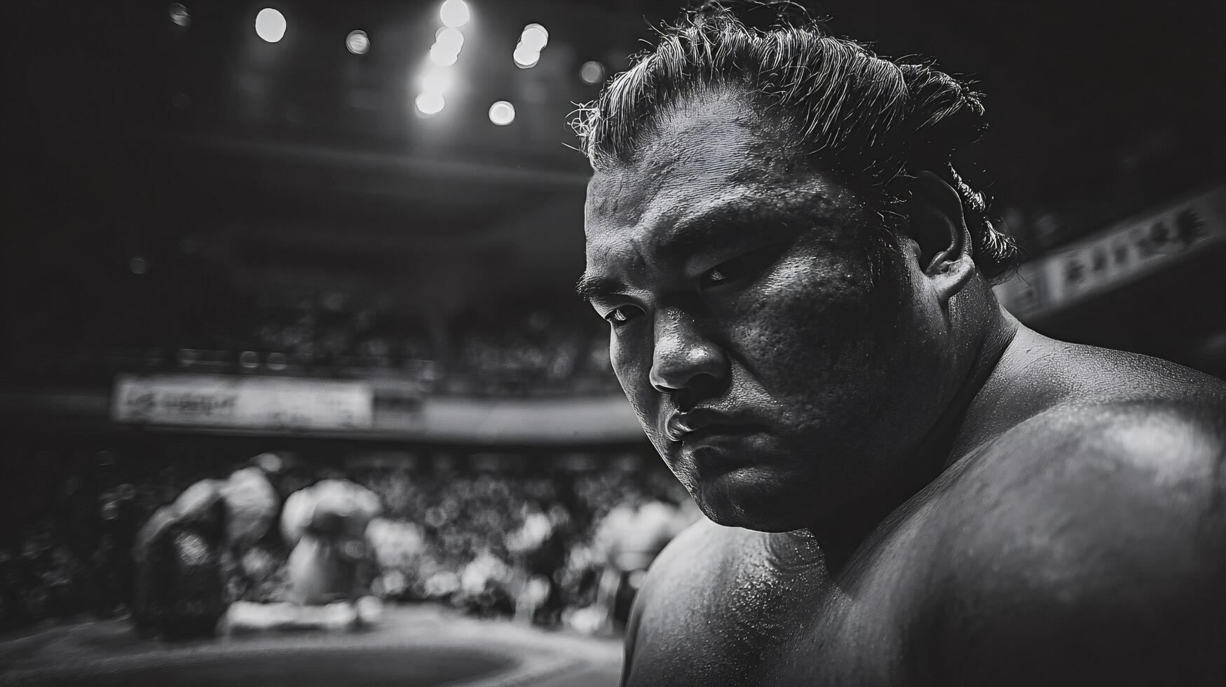 Sumo wrestler concentrating before entering the ring in a competition photo