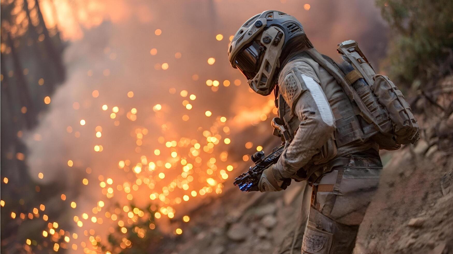 Firefighter walking near wildfire with sparks flying around him photo