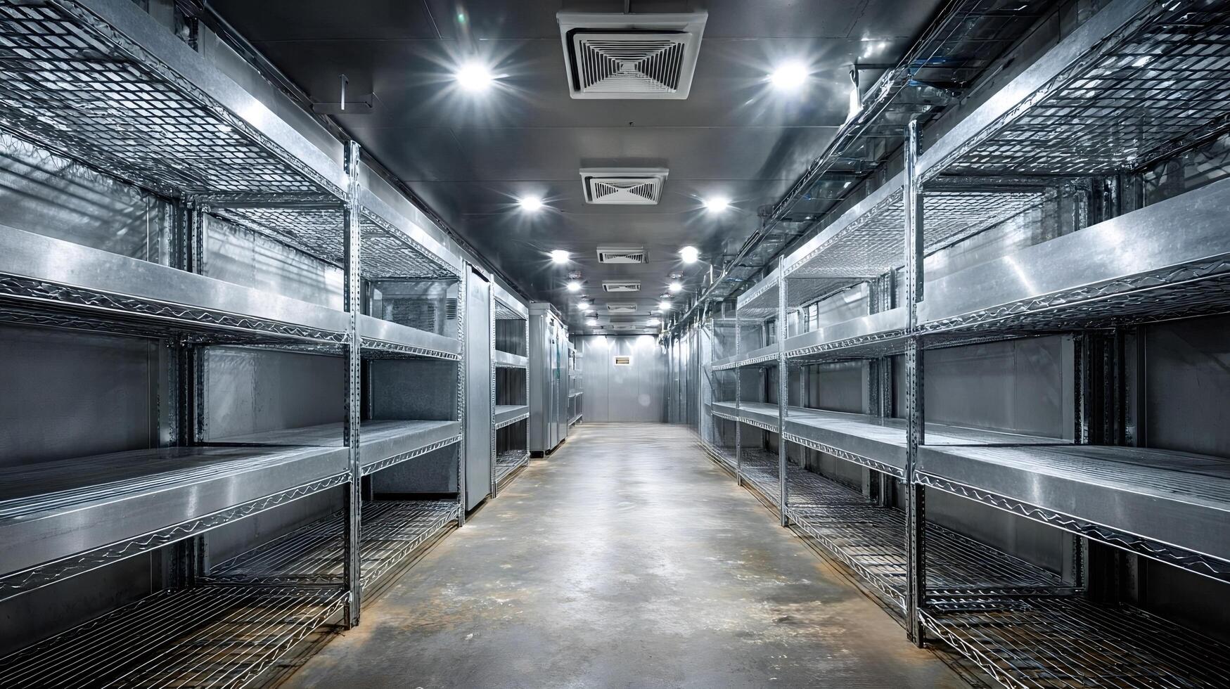 Empty industrial refrigerator showing metal shelves and air conditioning system photo