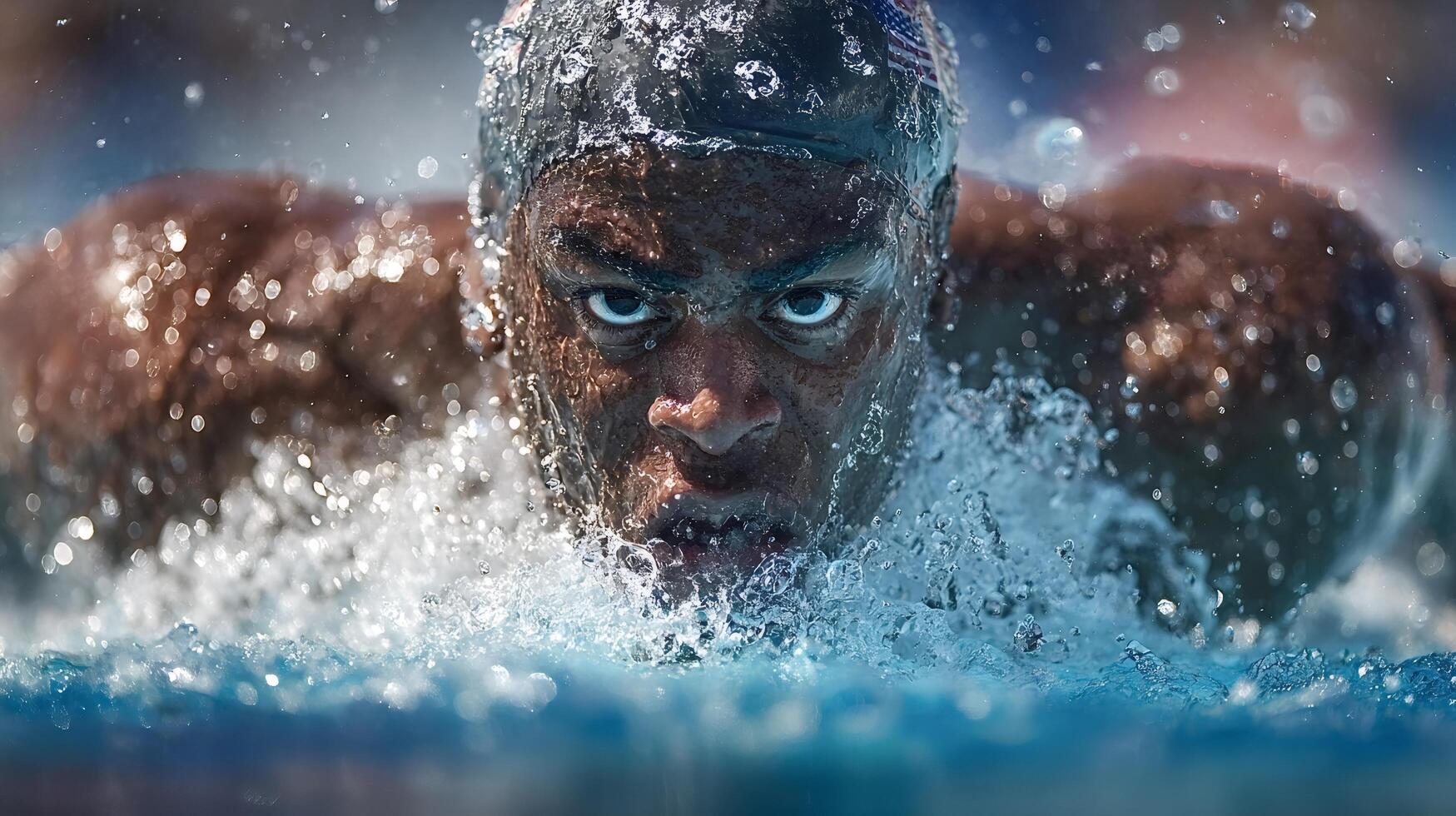 Determined swimmer performing butterfly stroke in competition photo