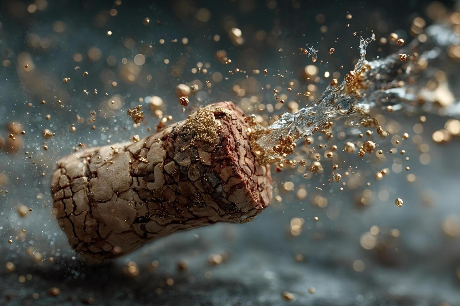 Champagne cork popping with golden bubbles and sparkling wine splash photo