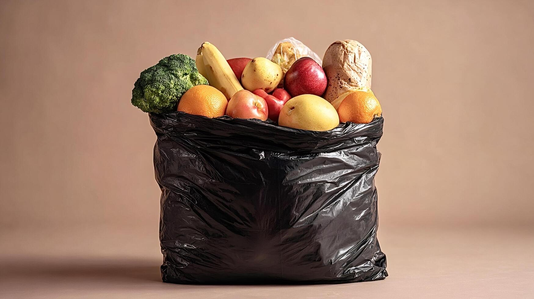 Fresh groceries overflowing from black plastic bag on brown background photo