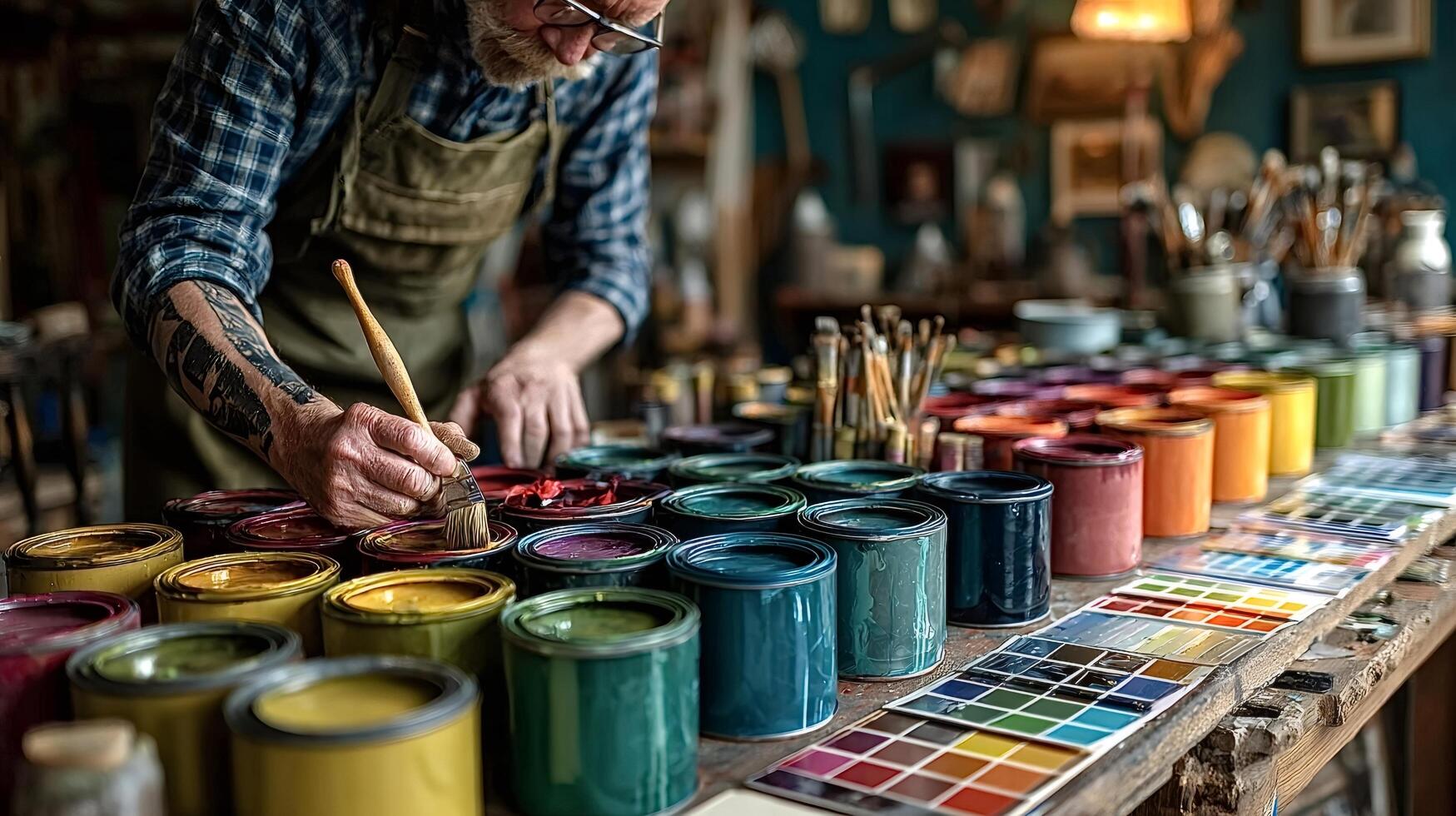 Senior painter choosing color in his workshop photo
