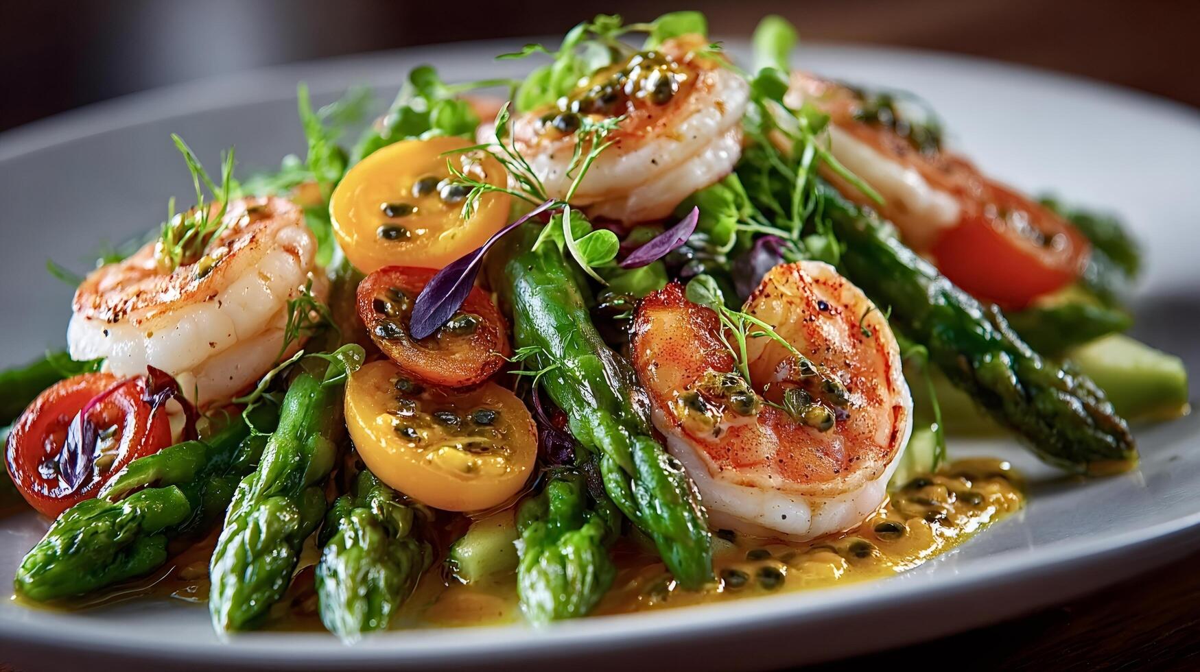 Grilled shrimps with asparagus, tomatoes and passion fruit sauce decorating a gourmet dish photo