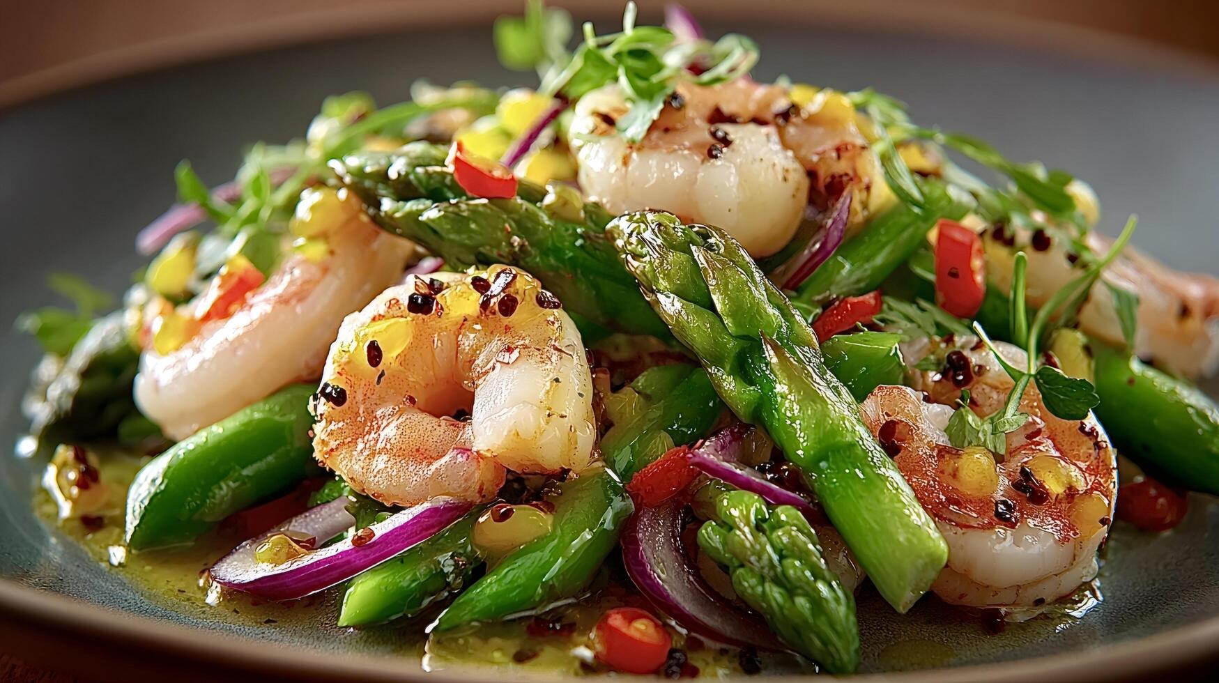 Delicious sauteed shrimp and asparagus salad with mustard vinaigrette photo