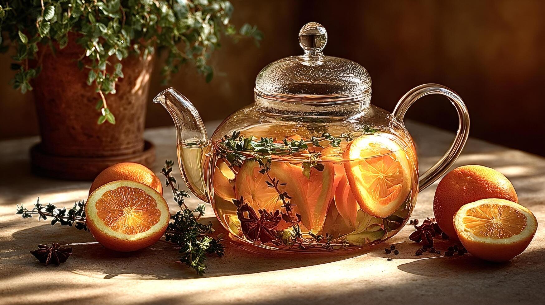 Tea pot with oranges and herbs photo