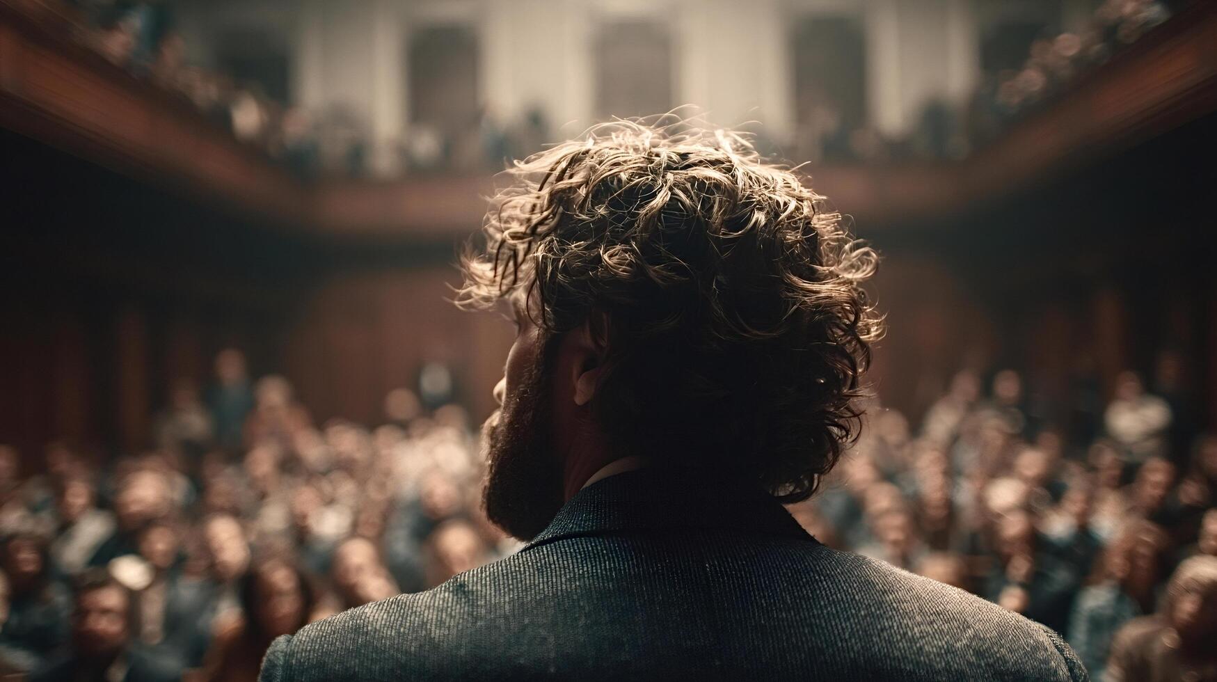 Motivational speaker inspiring large audience at conference meeting photo