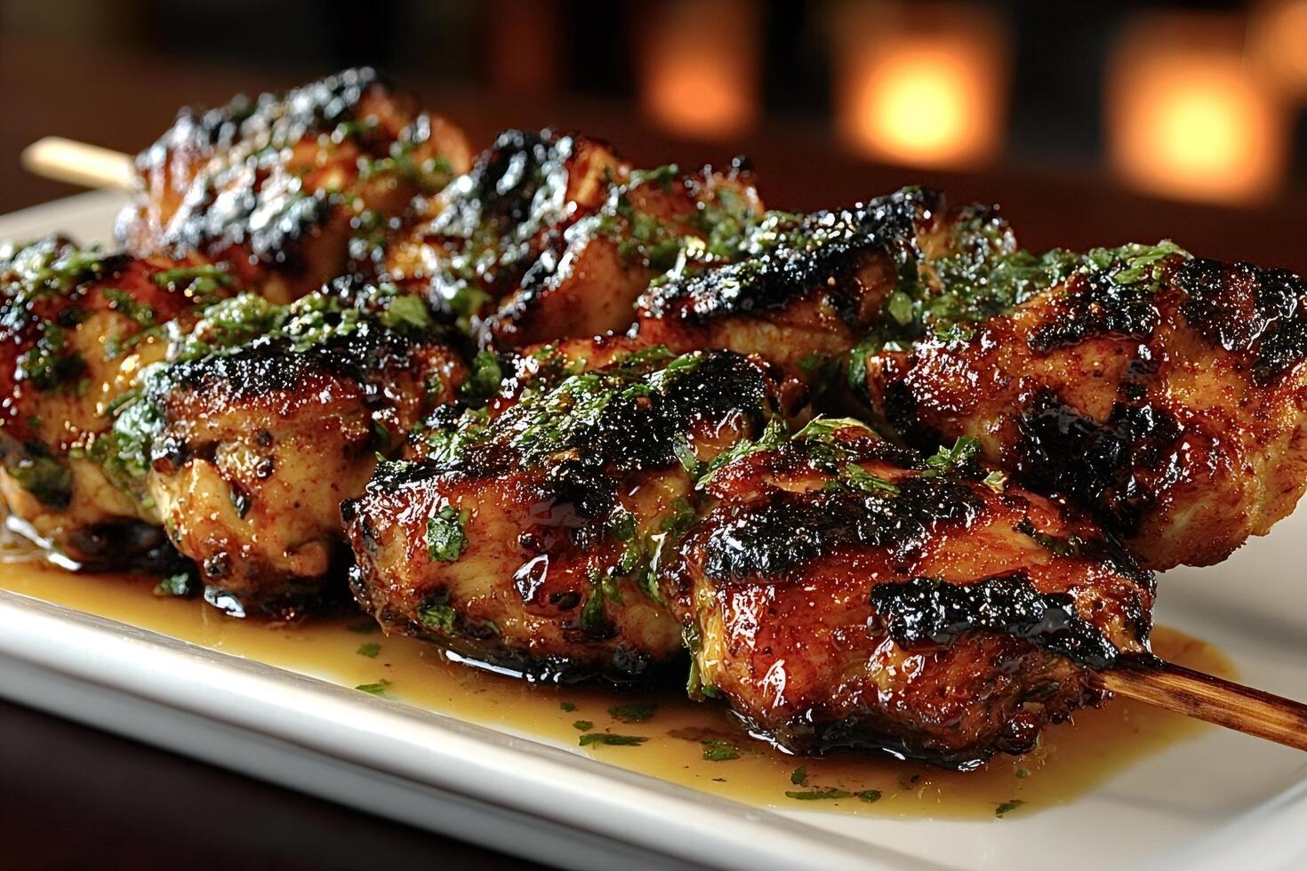 Grilled chicken skewers with herbs photo
