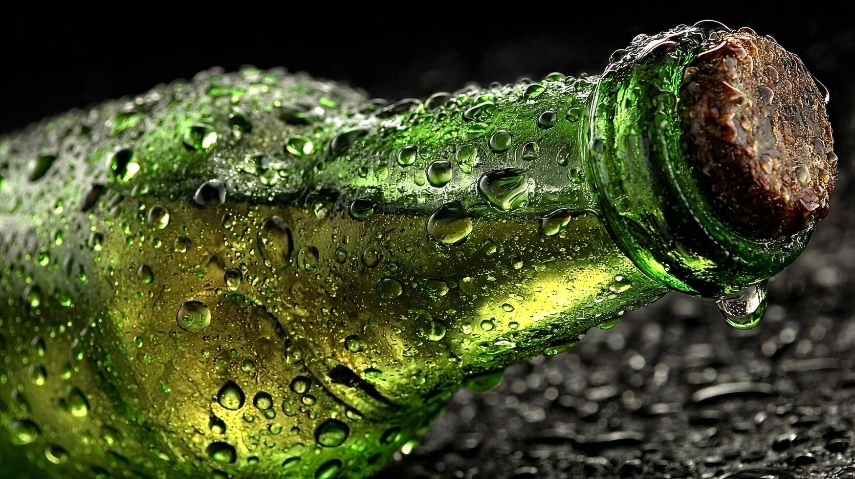 Green glass bottle covered with condensation on dark background photo