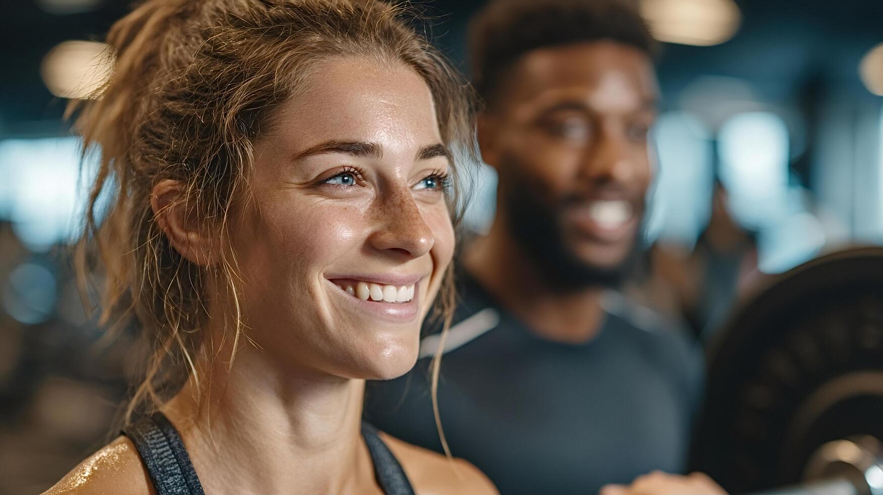 Happy woman working out with personal trainer in gym photo