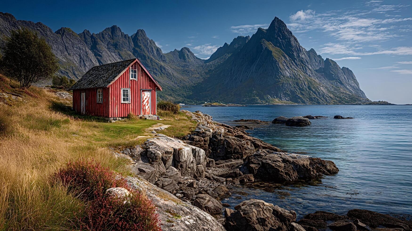 Red cabin by mountain lake in Norway photo