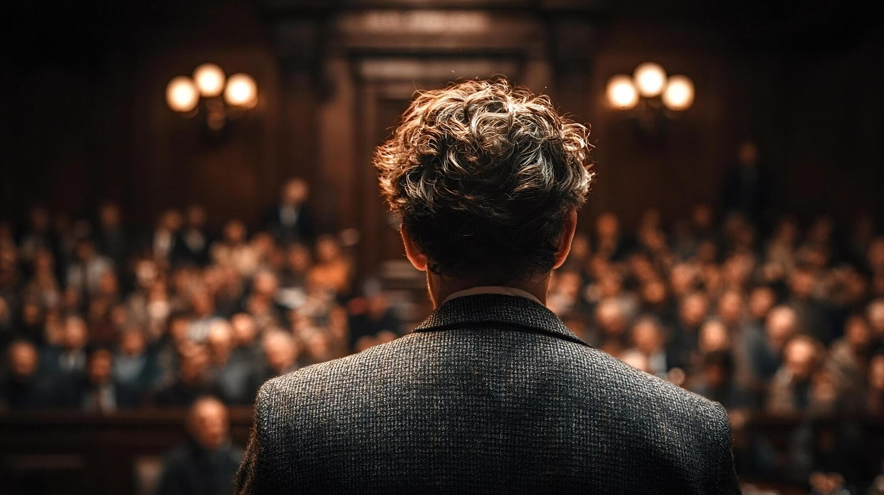 Politician giving a speech to a large audience in parliament photo