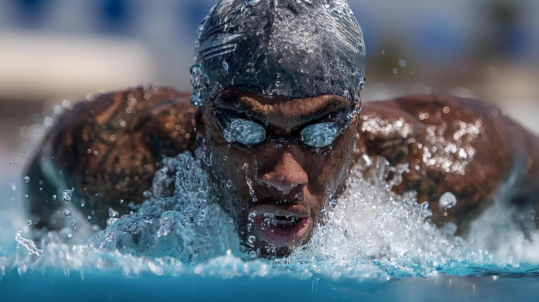 Professional swimmer performing butterfly stroke in competition pool photo