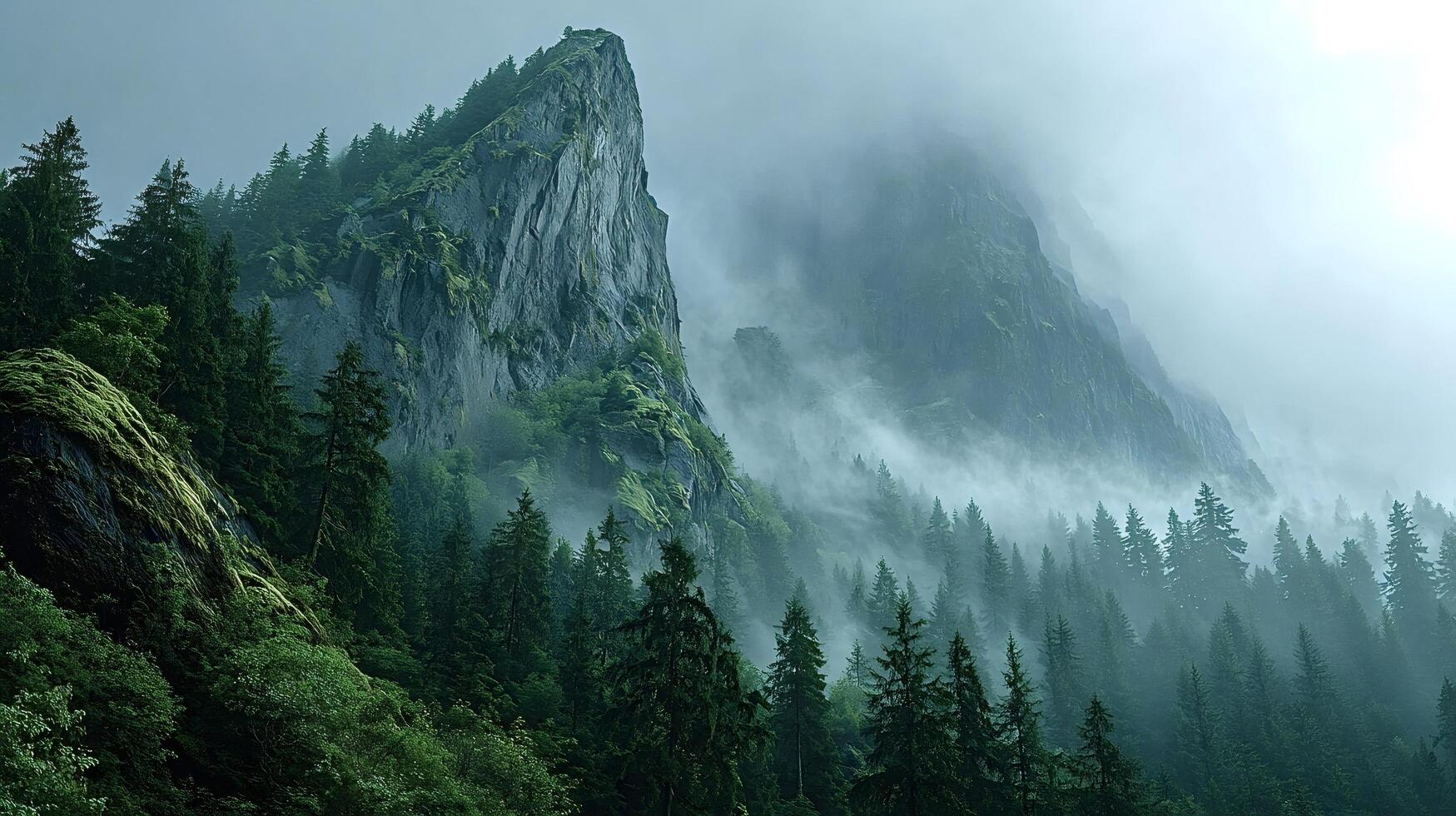 Misty mountains in a forest photo