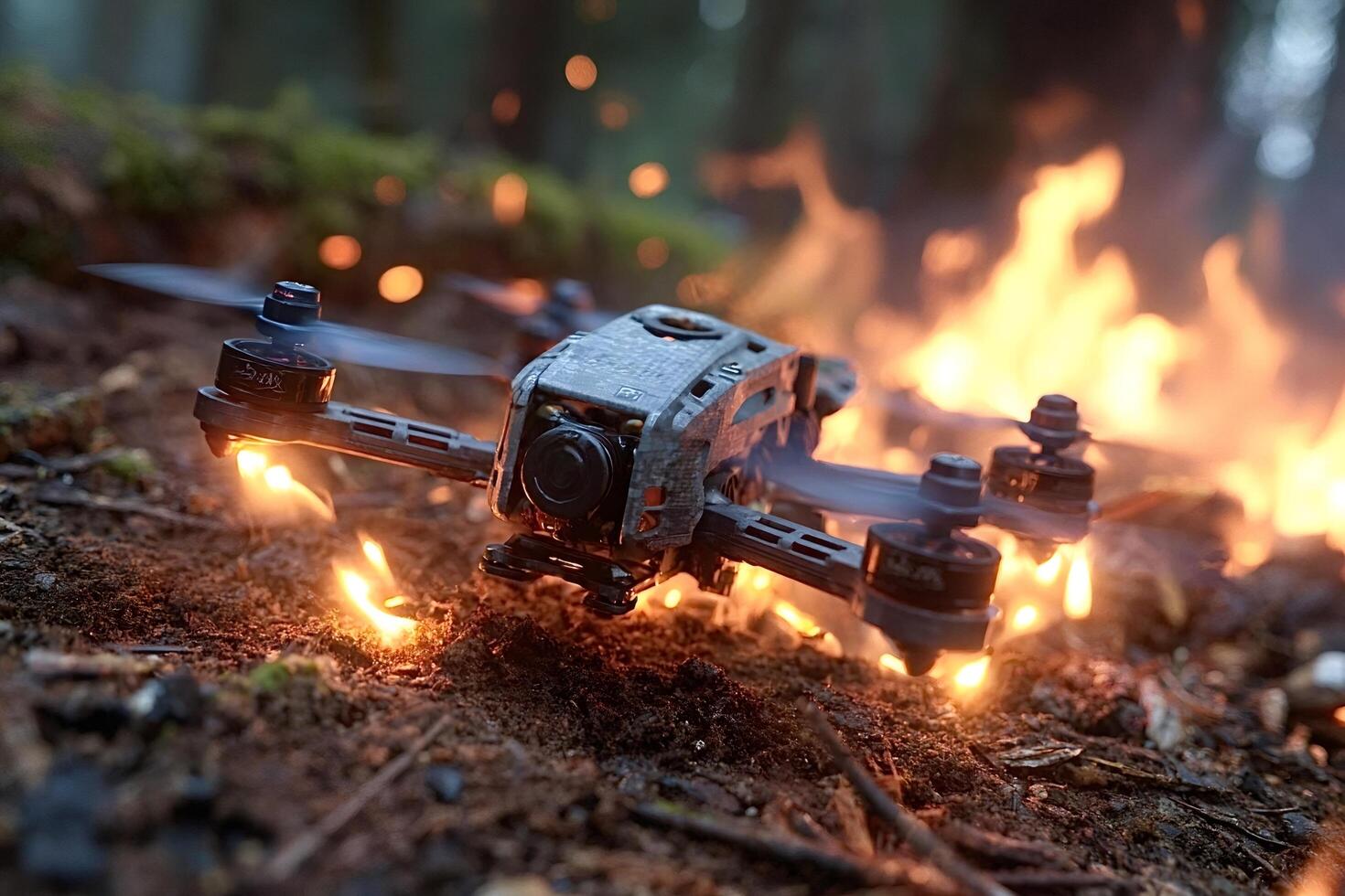 Burning drone crashing on the ground with flames around it photo