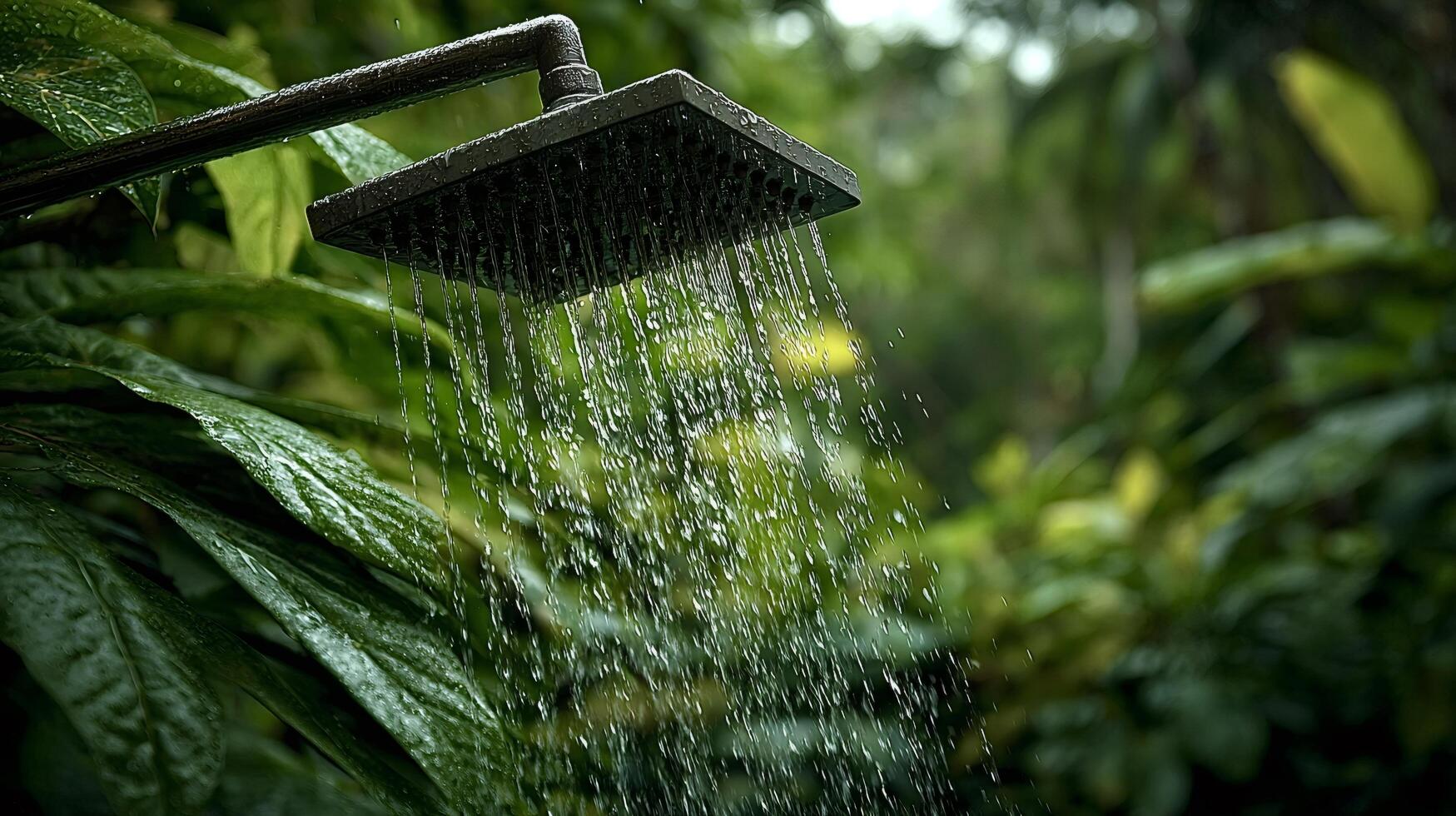 Outdoor shower pouring water in tropical rainforest setting photo