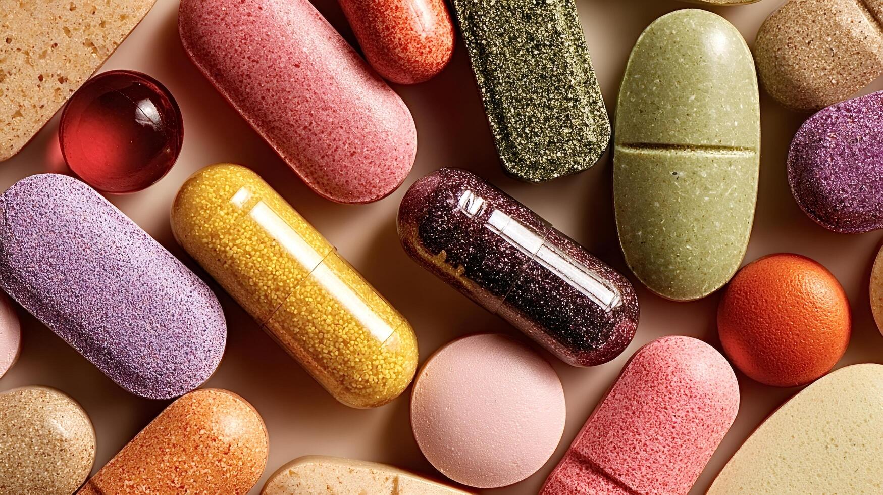 Colorful pills and capsules forming a vibrant background for healthcare and medicine concepts photo