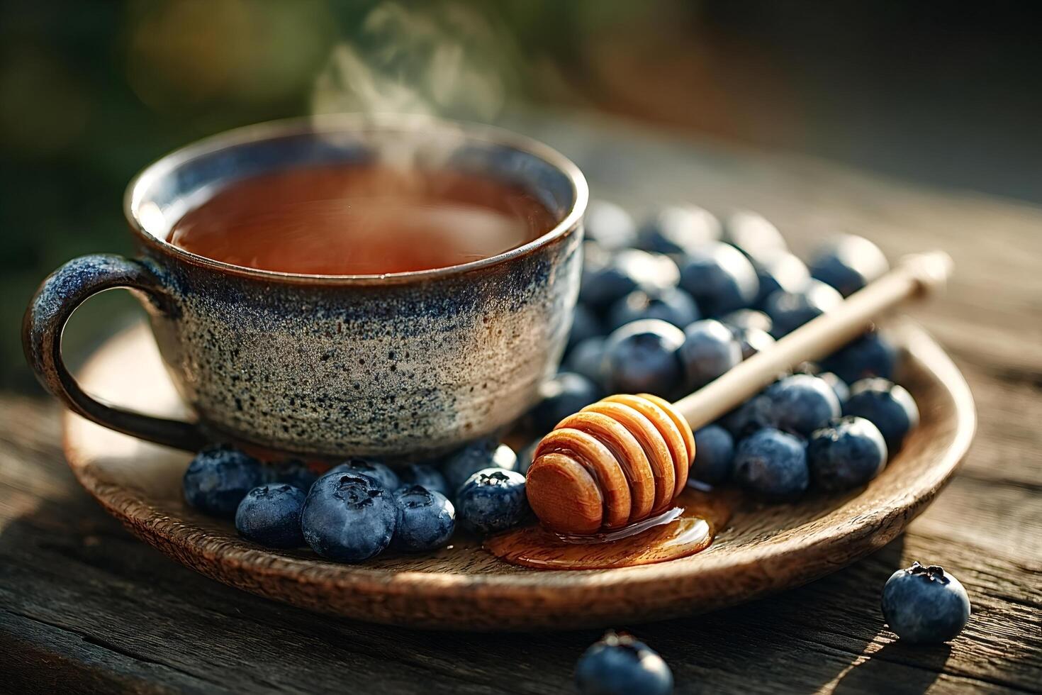 Tea, blueberries, and honey on a plate photo