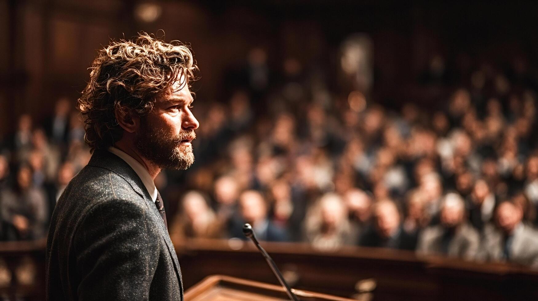 Politician giving speech to audience in parliament building photo