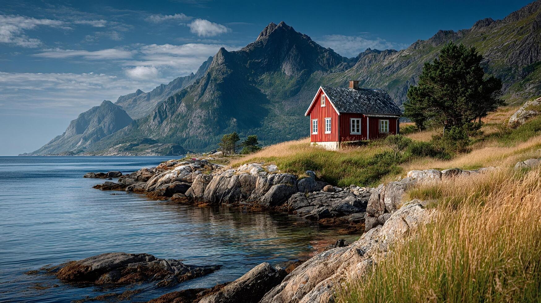 Red wooden cabin stands on coast of scenic norwegian fjord with mountains photo