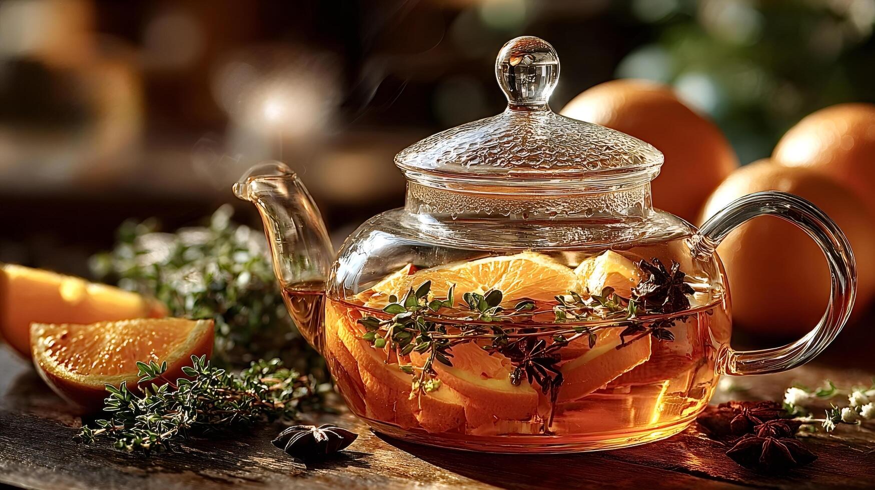 Steaming glass teapot brewing fresh orange and thyme herbal infusion photo