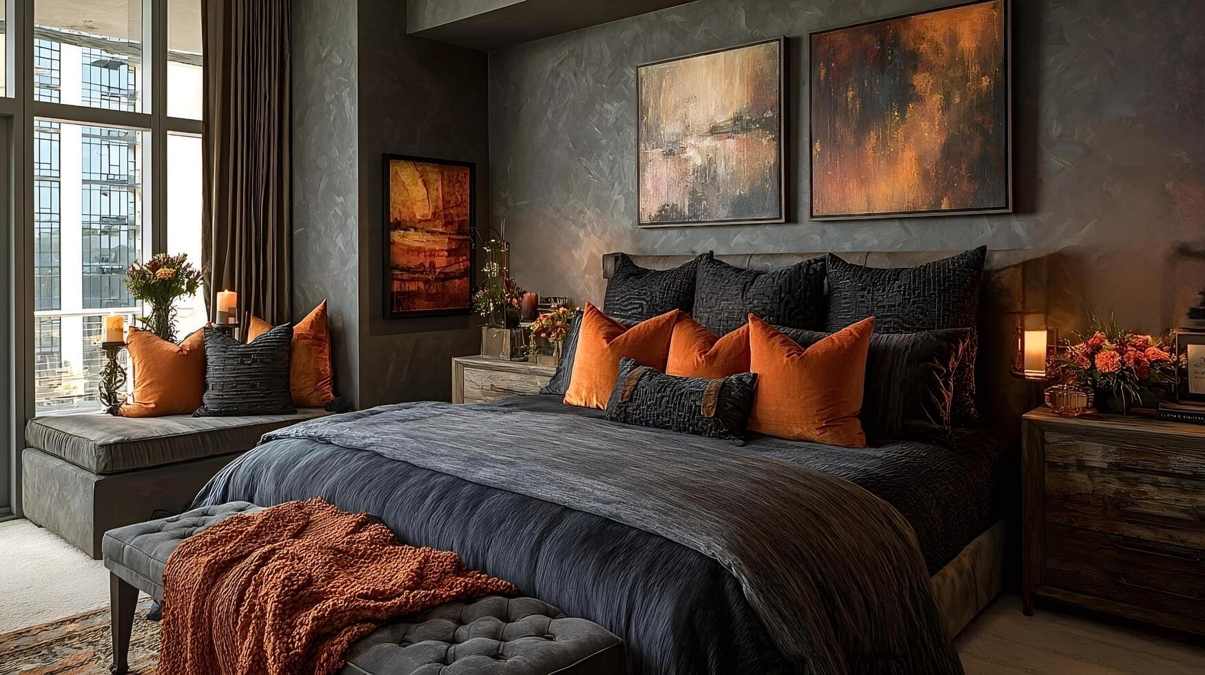 Modern bedroom interior design featuring dark walls and orange accents photo