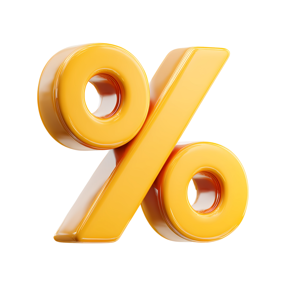 Glossy Yellow Percentage Sign Render on Transparent Background glossy rendered png