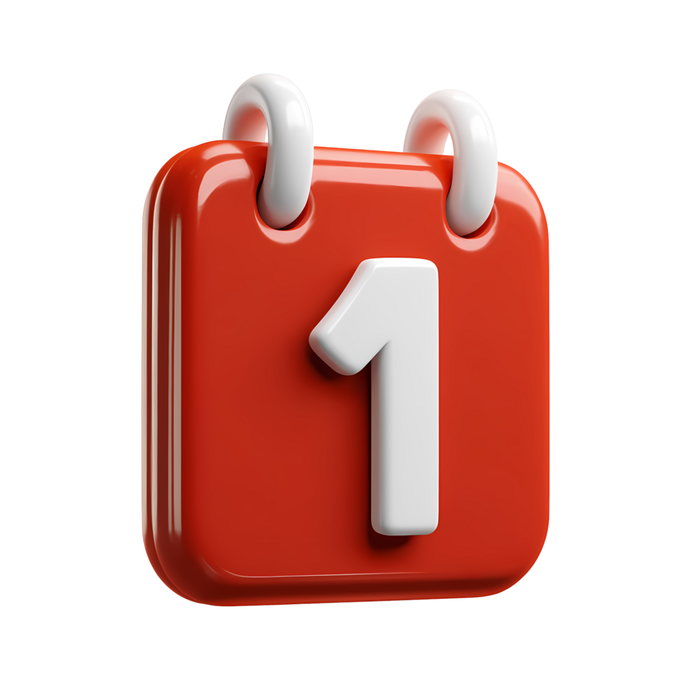 Red Calendar Icon with Number One on Transparent Background rendered png
