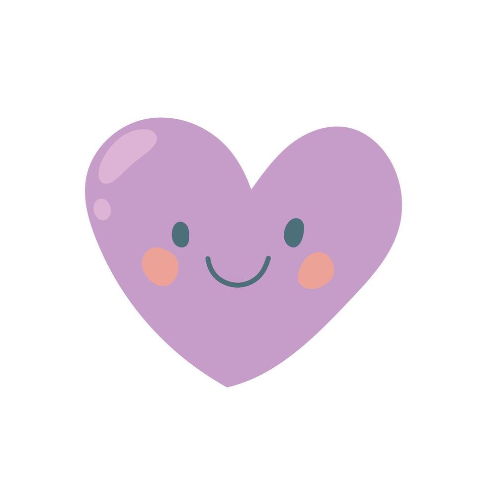 Cute purple heart with cheerful smile and blush cheeks, ideal for Valentines Day graphics, baby designs, or positive emotional expression icons vector