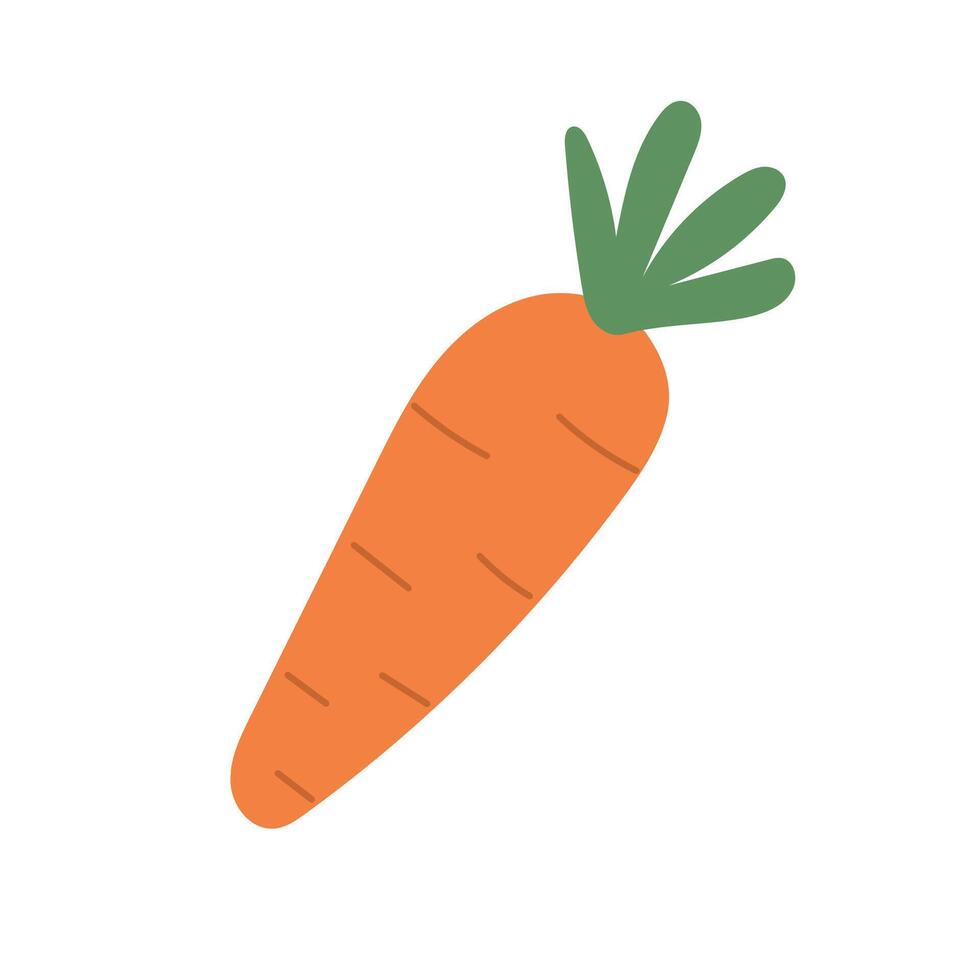 Bright orange carrot with green top in flat cartoon style, great for healthy food illustrations, kids farming content, or organic vegetable icons vector