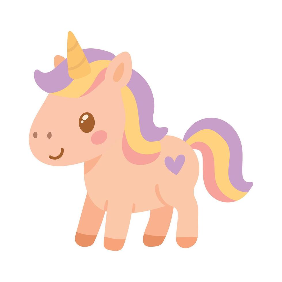 Adorable pastel unicorn with yellow horn and purple mane stands smiling, great for magical animal themes, baby decor, and whimsical fairy tales vector