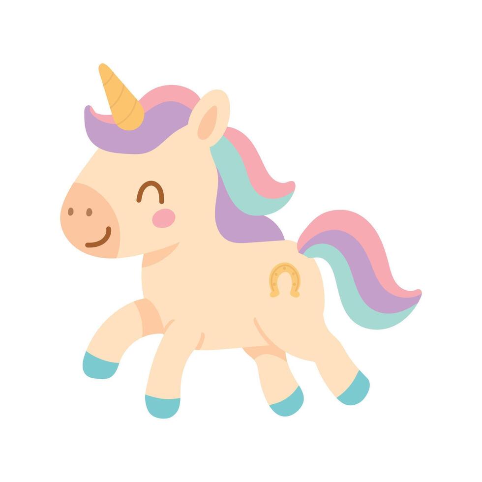 Adorable pastel unicorn with rainbow mane, golden horseshoe, and happy smile. Perfect for kids designs, fantasy themes, and magical character illustrations vector