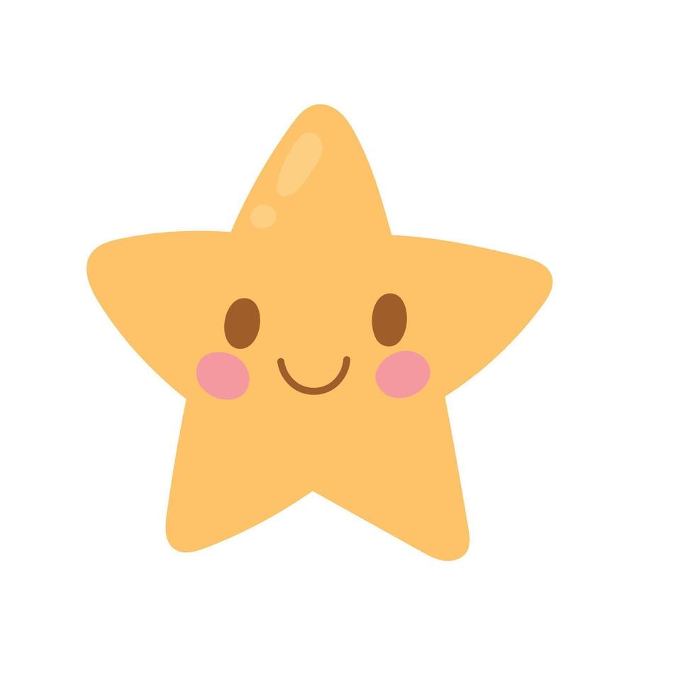 Bright yellow star with blushing cheeks and a big smile shines in this cute cartoon icon, great for night sky decor, dreamy kids art, and cheerful celestial designs vector