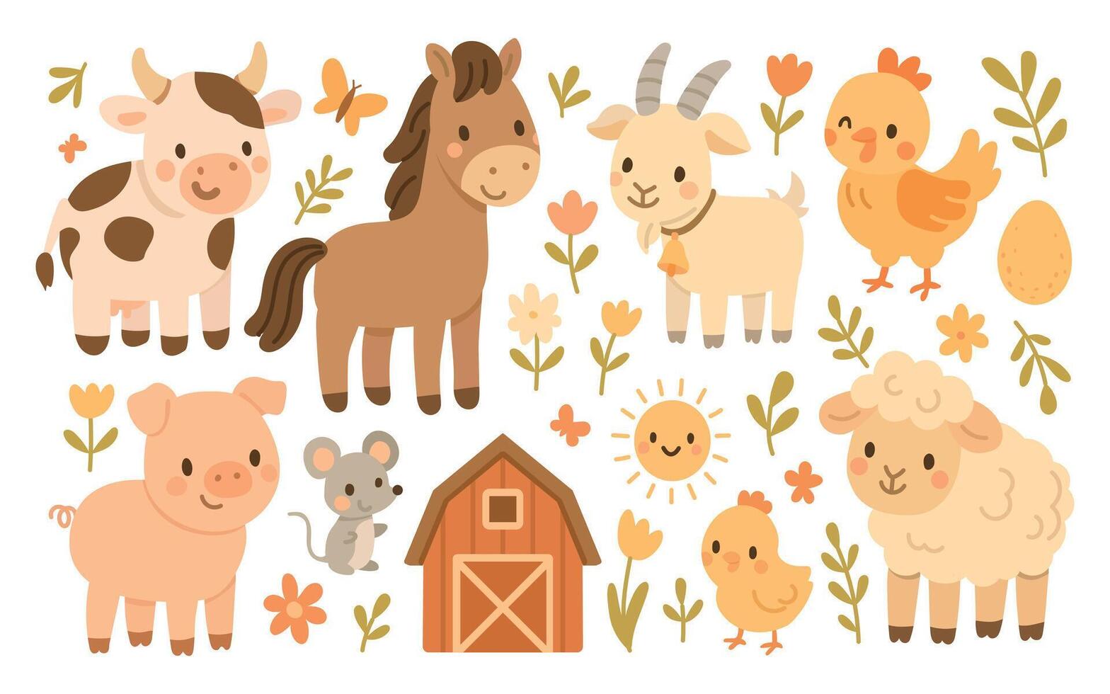 Cartoon farm animals with a barn vector