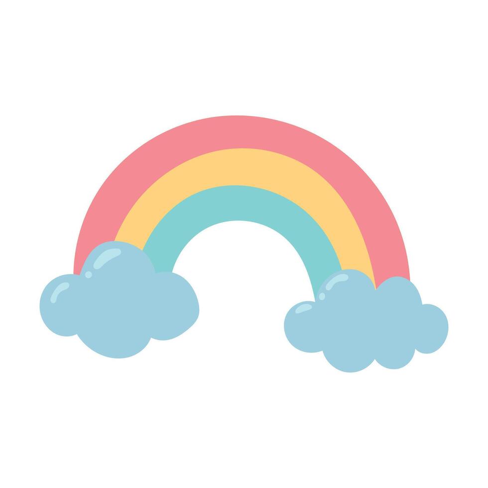 Pastel rainbow arches between fluffy blue clouds in a bright, cheerful cartoon, ideal for kids, weather icons, or playful fantasy artwork vector