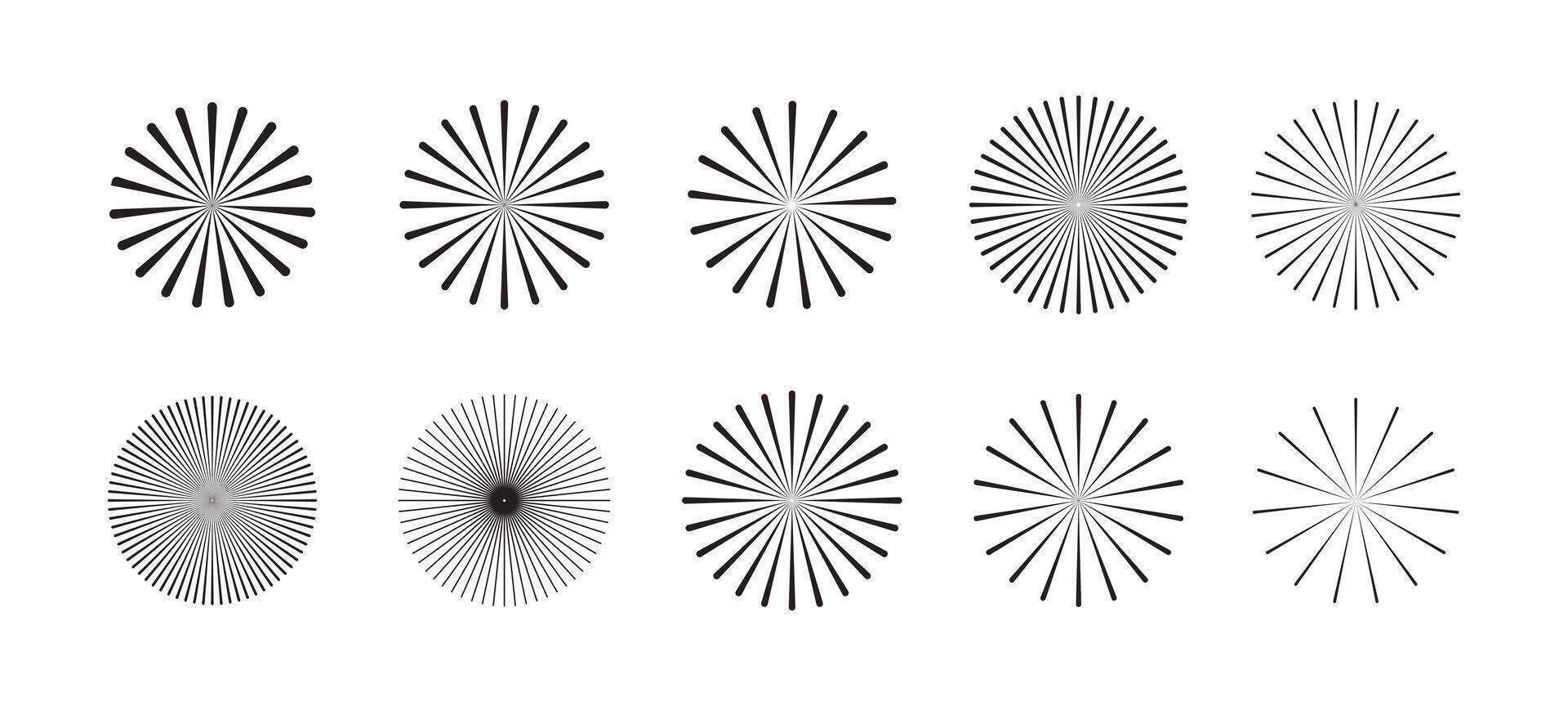 Retro Sunburst icon set, radial Sunburst element, Sunrise rays light burst line shine sunshine sunbeam vintage border symbol. vector