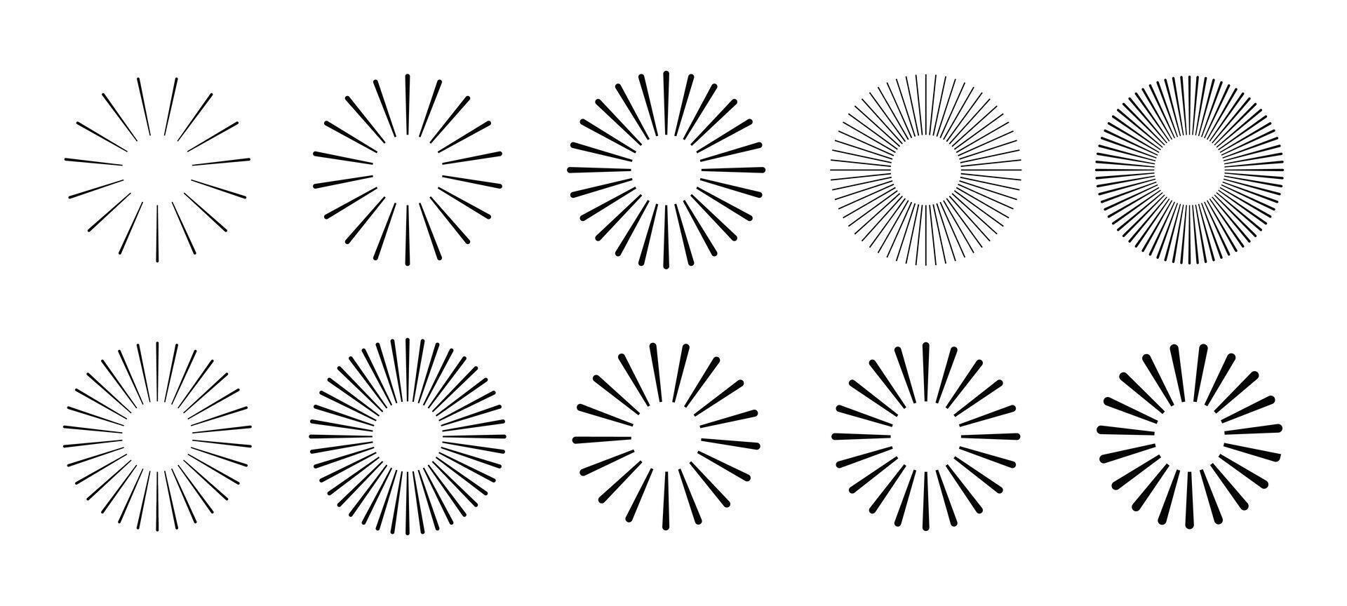 Retro Sunburst icon set, radial Sunburst element, Sunrise rays light burst line shine sunshine. Vintage sunburst Fireworks design isolated vector