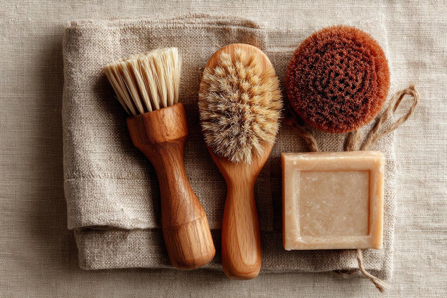 Natural cleaning set with brushes and handmade soap photo