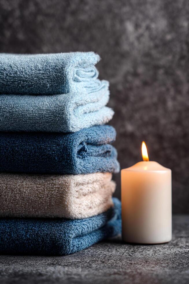 Stack of folded neutral tone towels with a lit candle photo