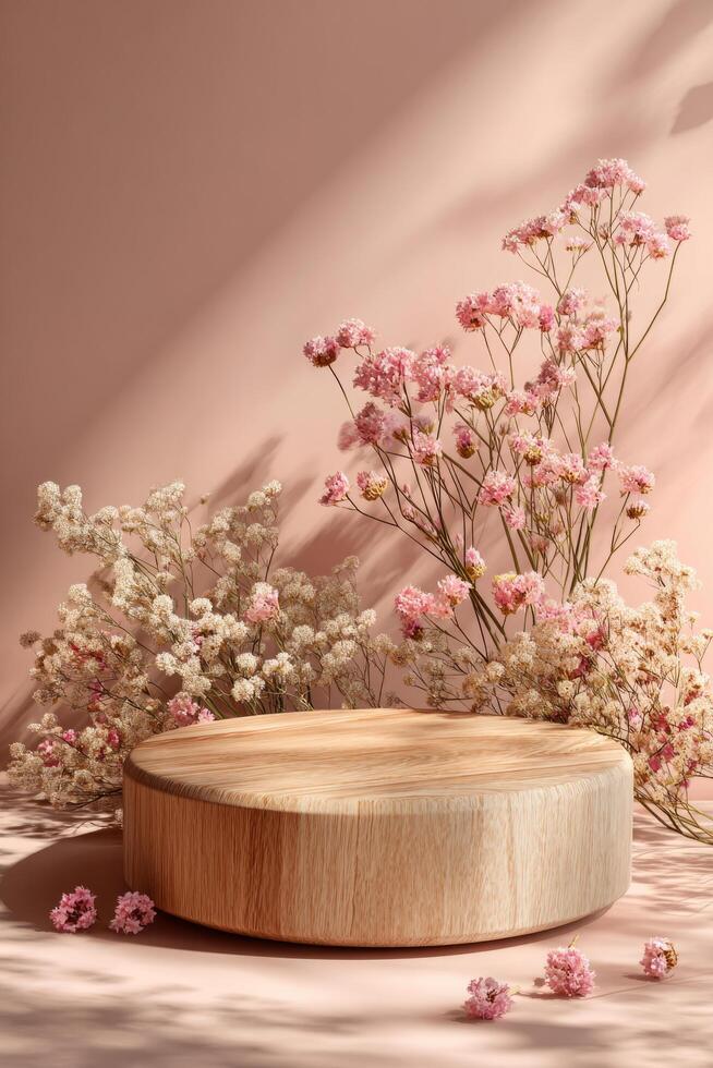 Round display stand surrounded by dried flowers on pink surface photo