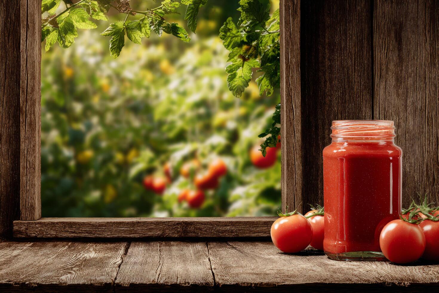 Glass jar filled with tomato sauce stands next to tomatoes on table near window photo