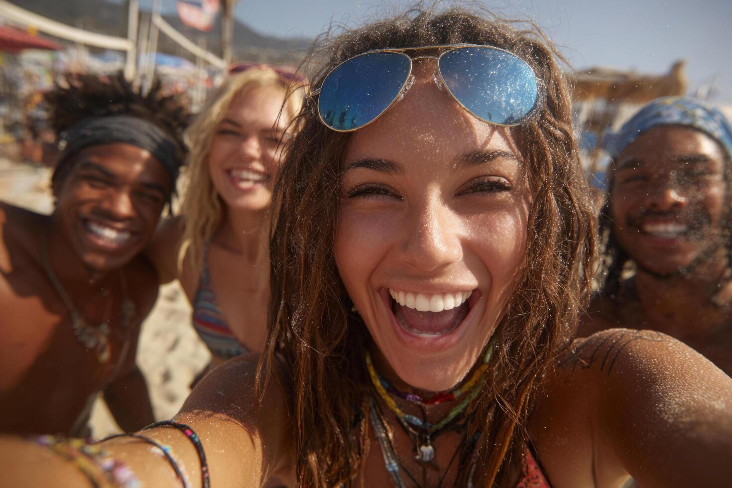 Group of friends taking selfie while playing beach volleyball photo