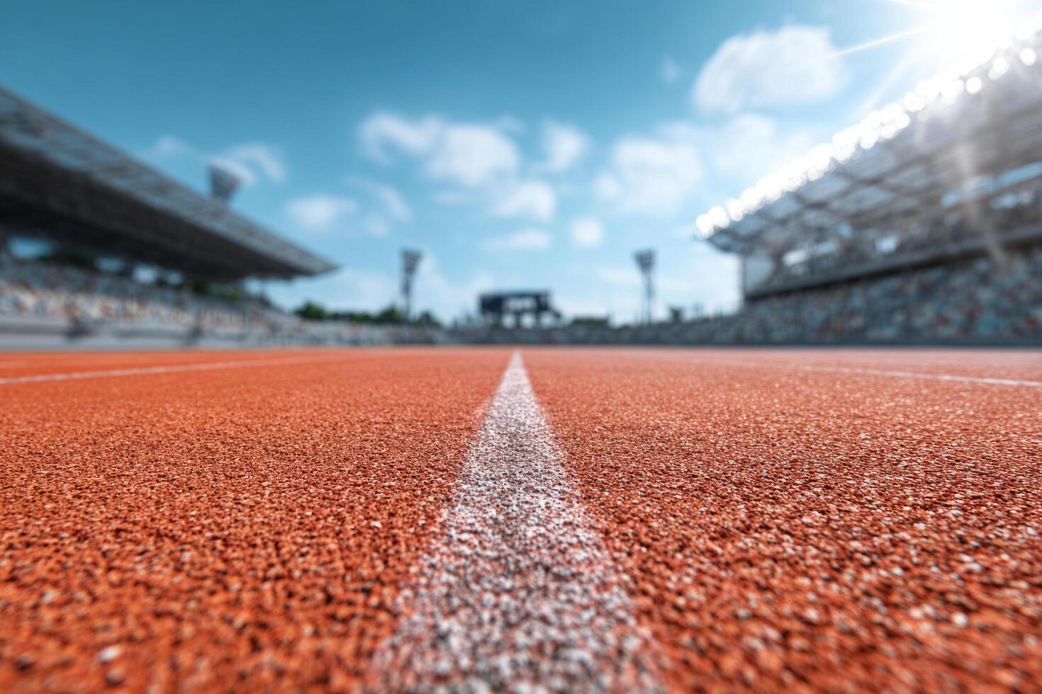 Running track with white line leading into blurred stadium photo