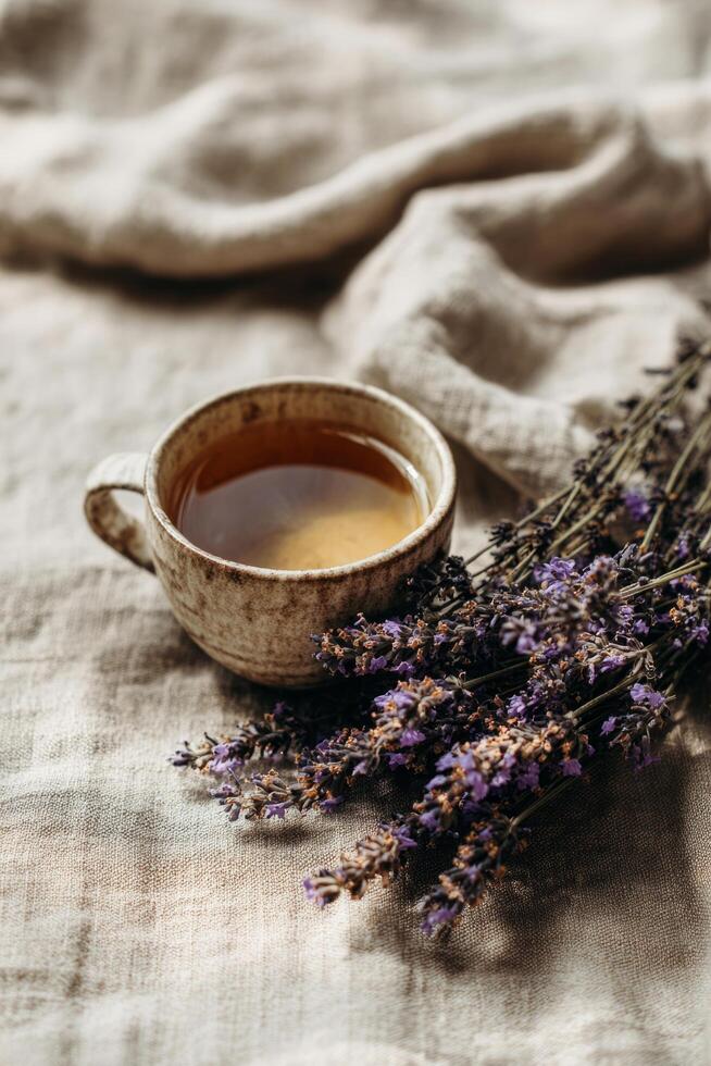 Herbal tea cup and lavender flowers photo