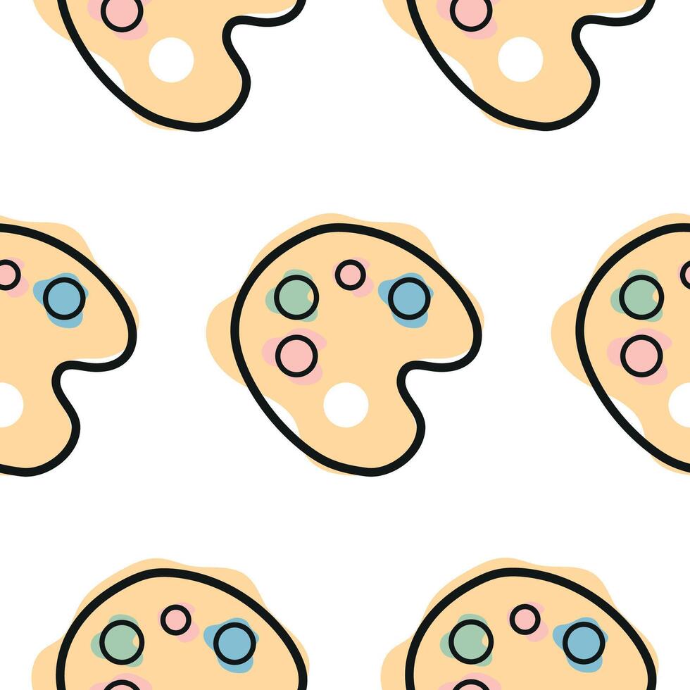 Pattern with a school paint palette icon, combining line art style and abstract color spots, for school print, textile or other various designs vector