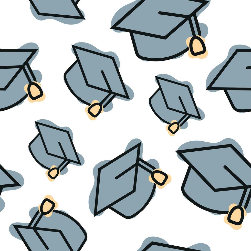 Seamless pattern with graduation cap icon, combining line art style and abstract color spots arranged randomly, for school print, textile or other various designs vector