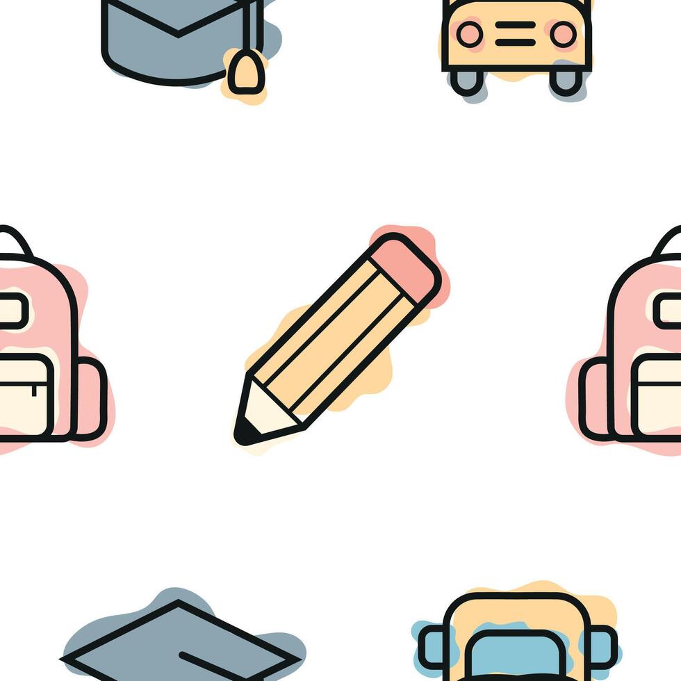 pattern of various school-themed icons and symbols, combining line art style and abstract color spots, for school print, textiles or other various designs vector
