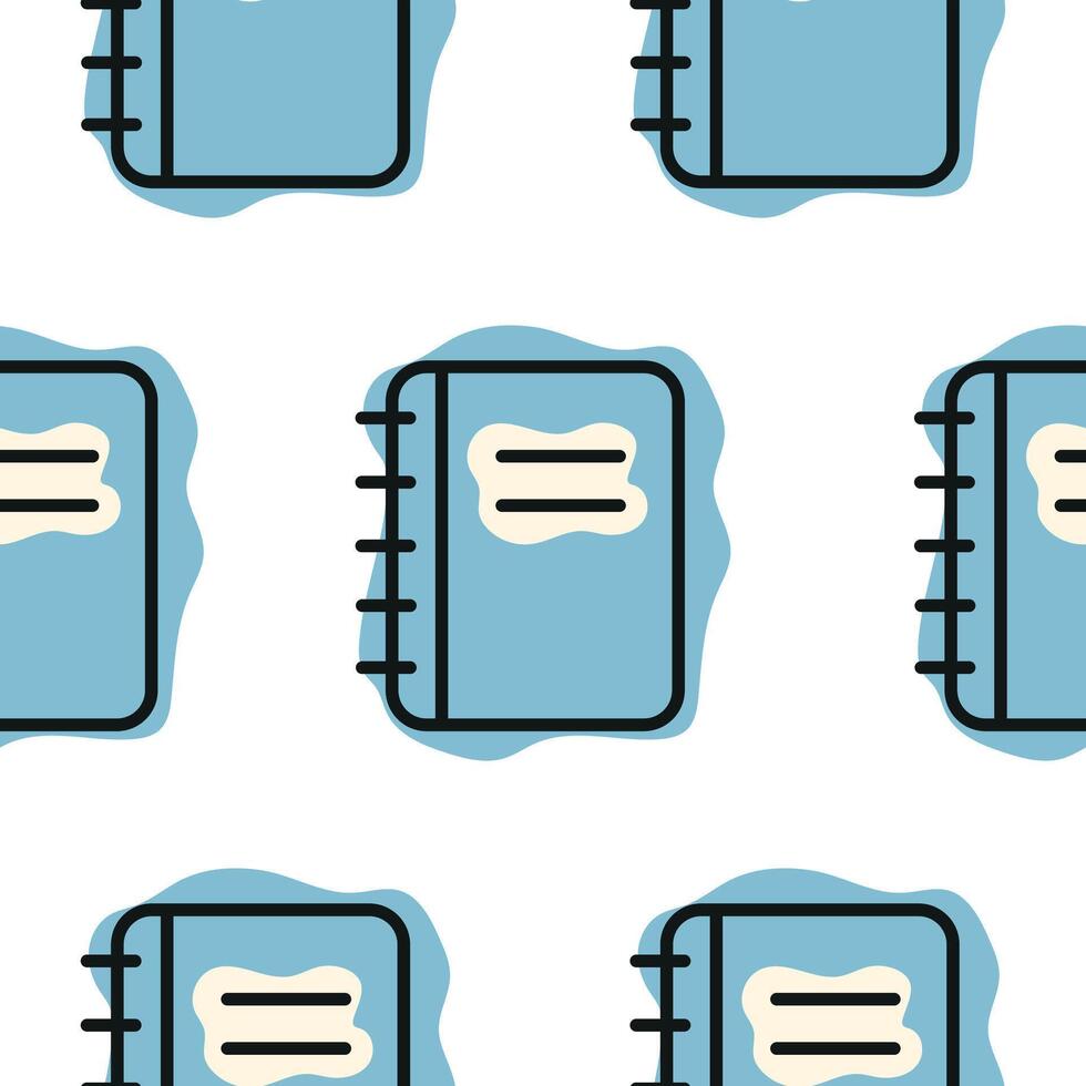 Pattern with a school blue notebook icon, combining line art style and abstract color spots, for school print, textile or other various designs vector