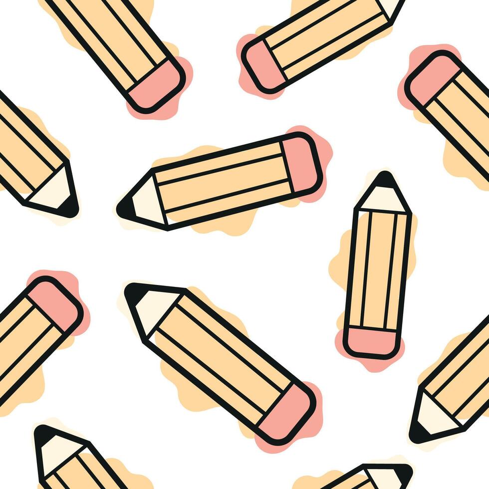 seamless pattern with stationery icons, namely a yellow pencil, combining line art style and abstract color spots arranged randomly, for school printing, textiles or other various designs vector