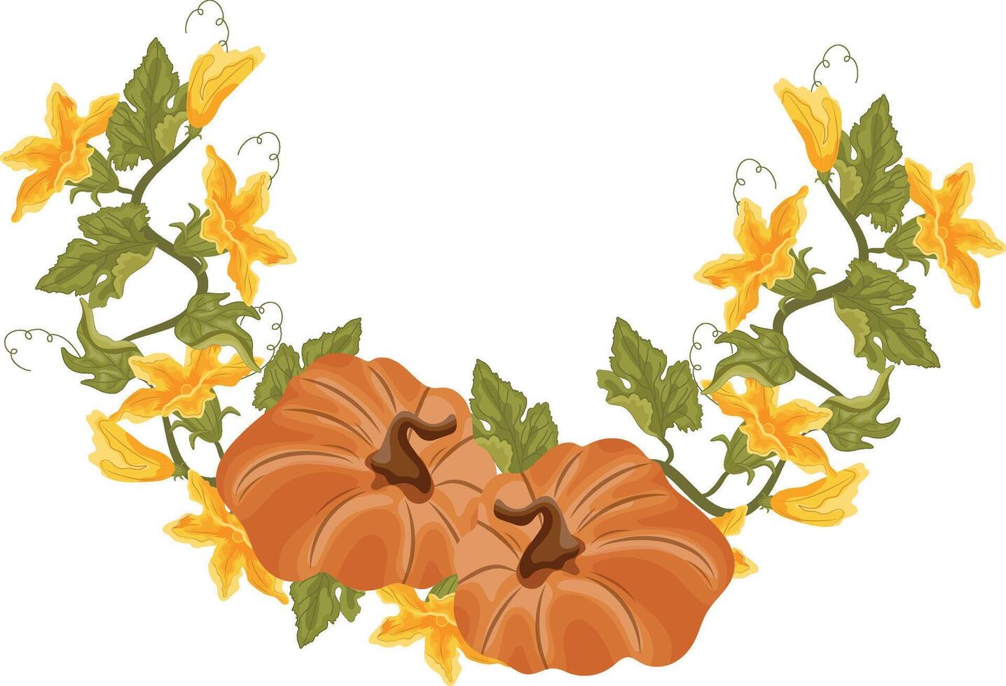 round decorative autumn frame in the shape of a wreath with green leaves, yellow pumpkin flowers and two round orange pumpkins with brown tails, for decorating autumn cards vector